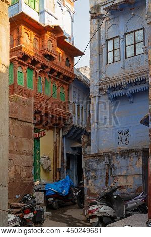 Jodhpur, Rajasthan, India - October 21st, 2019 : Traditional Colorful Houses. Historically, Hindu Br