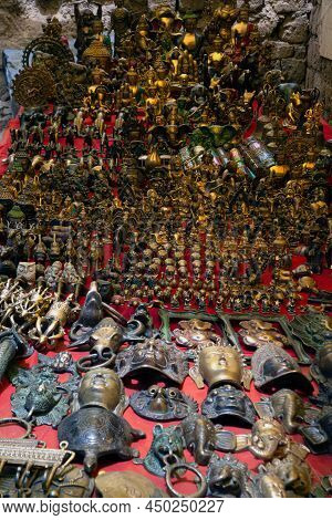 Ladakh , India- May 15,2019 : Stone Jewelry And Metal As Religious Souvenirs For Sale At Alchi Monas