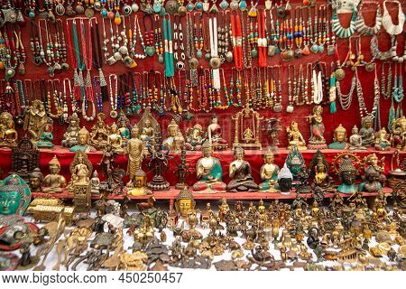 Ladakh , India- May 15,2019 : Stone Jewelry Necklace And Metal As Religious Souvenirs For Sale At Al