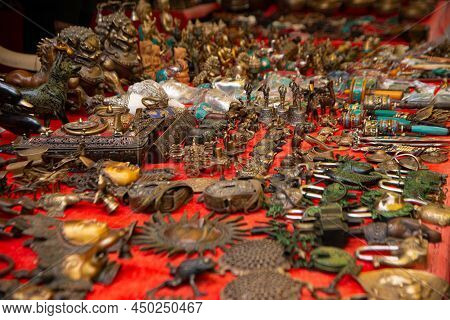 Ladakh , India- May 15,2019 : Stone Jewelry And Metal As Religious Souvenirs For Sale At Alchi Monas