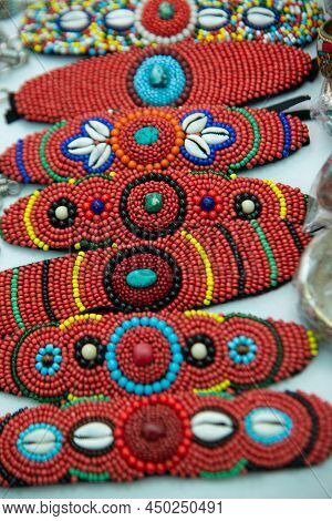 Ladakh , India- May 15,2019 : Stone Jewelry And Necklace As Religious Souvenirs For Sale At Alchi Mo