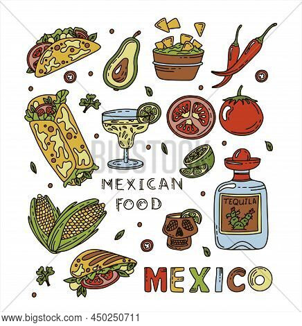 Mexican Cuisine, Vector Doodle Food Set. National Food, Fast Food, Snacks. Sketch Illustration For R