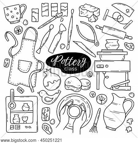 Pottery Class And Ceramics Workshop Vector Set Of Doodle Icons