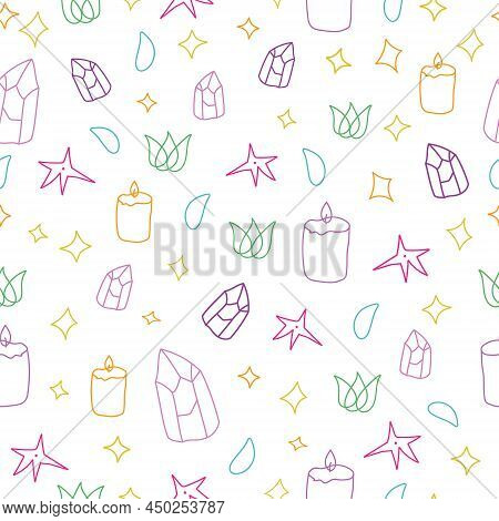 White Line Art Witchy Seamless Pattern Print Background
