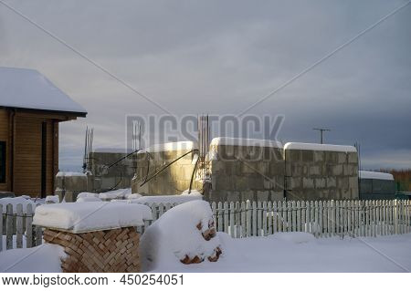 Winter Landscape With Ceased Construction Of A House, Outdoor Horizontal Image