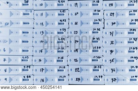 Rapid Antigen Test Kit Atk With Group People Negative Result During Swab For Back To School, Office