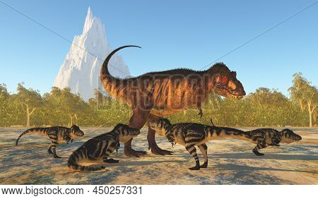 Tyrannosaurus Mother 3d Illustration - The Young Of Tyrannosaurus Rex Surround Their Mother During T