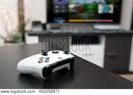 Wroclaw, Poland - Jan 12, 2022: Xbox One Controller On Table. Xbox Is Popular Gaming Console From Mi