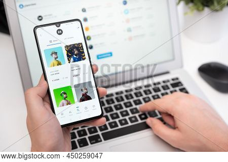 Wroclaw, Poland - Feb 10, 2022: Opensea Nft Non-fungible Token Marketplace. Investing Cryptocurrenci