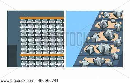 Iron Ore Mining Quarry And Metal Products. Metallurgical Industry, Steel And Alloys Production Vecto