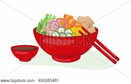 Salmon Poke Bowl With Soya Sauce, Chopsticks Illustration Hawaiian Cuisine. Vector Stock Illustratio