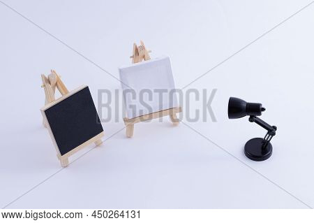 Two Wooden Easels Miniature With Blank Black And White Square Canvas For Artists And Painters - Mock
