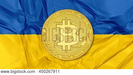 Bitcoin Symbol On Ukrainian Flag 3d Background. Crypto-currency Background For Virtual Money And Sto
