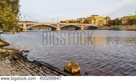 Vltava river and Manes bridge (Manesuv Most) in Prague, Czech Republic. Cityscape