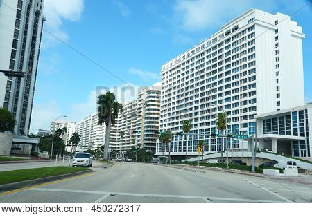 Miami Beach, Florida, U.s.a - February 17. 2022 - The View Of Road With Tall Buildings And Condomini