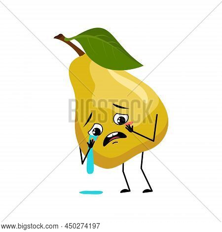 Pear Character With Crying And Tears Emotion, Sad Face, Depressive Eyes. Person With Melancholy Expr