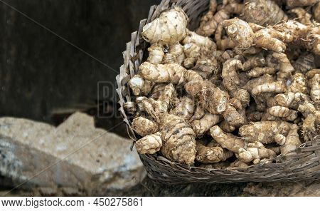 Harvest Ginger Root On Ratan Basket In Agriculture For Herb Ingredient In Thai Food