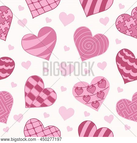 Seamless Romantic Pattern With Hand Drawn Pink Hearts. Colorful Doodle Hearts On A Whitte Background