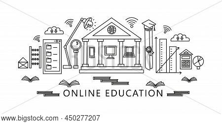 Concept Of Online Education In The Form Of A City. Houses In The Form Of Window, Calculator, Diagram