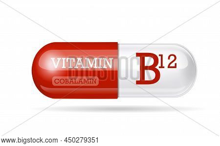 Vitamin B12. Cyanocobalamin. Two-color Capsule On A White Background.