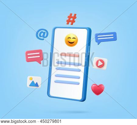 3d Online Social Media Communication Platform Concept. Phone With Comment, Video And Photo Gallery A