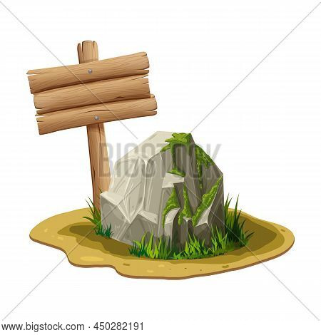 One Gray Rock With Wooden Signpost. Stone, Boulder Covered With Moss In Grass On Ground With Signboa