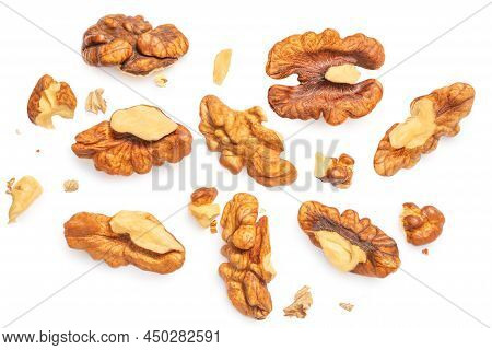 Walnuts Isolated. Walnut Kernel Nut  On White Background. Top View. Flat Lay. Collection. Pattern