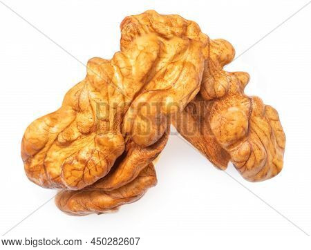 Walnut Isolated. Pile Of Walnut Kernel Nut  On White Background. Top View. Flat Lay
