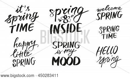 Collection Of Hand Written Welcome Spring Quotes Isolated. For Apparel, Tshirt Prints, Cards, Sublim