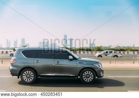 Dubai, Uae, United Arab Emirates - May 28, 2021: Grey Nissan Patrol Nismo Car Fast Mooving On Street