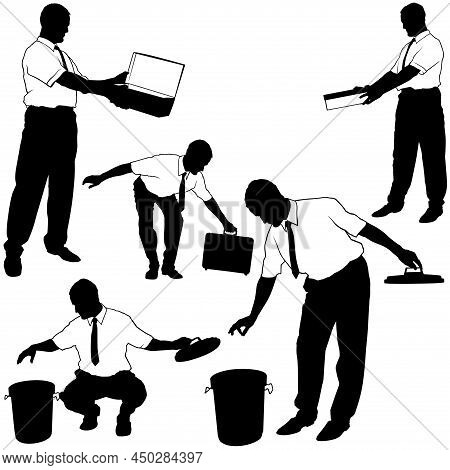 Set Of Silhouettes With Clerk Or Businessman - Black Illustrations Isolated On White Background, Vec
