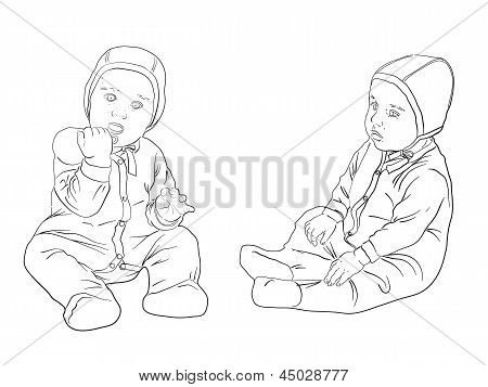 Flicka med Toy.sketch svart och vitt