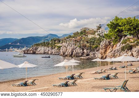 Picturesque Summer View Of Adriatic Sea Coast In Budva Riviera Near Przno Village. Cozy Beach And Bu
