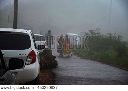 Kolhapur, Maharashtra- July 17th,2021;stock Photo Of A White Color Parked On The Side Of The Road, F