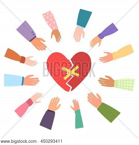 Hands Of Different Nationalities Together And Broken Heart Fixed With Band Aid. Mutual Help, Care An