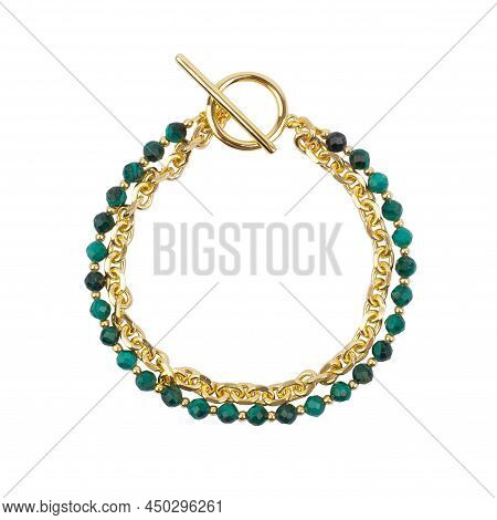 Golden Wrist Bracelet With Green Beads Isolated On White Background
