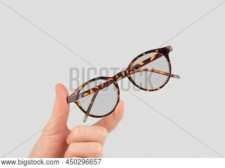 Stylish Women's Glasses Of Leopard Color In A Man's Hand, Copy Space. Male Hand Holding Female Eyegl