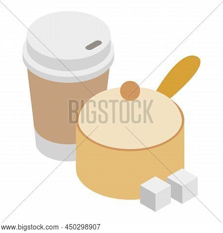 Drink Preparation Icon Isometric Vector. Stewpan With Lid And Disposable Cup. Kitchen Houseware, Dri