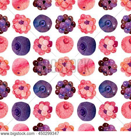Hand-drawn Watercolor Raspberry Cranberry Blueberry Blackberry Seamless Pattern. Kidcore Cute Kawaii