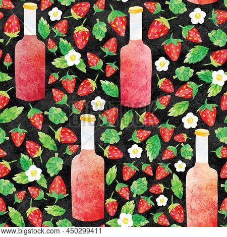 Hand-drawn Watercolor Papercut Strawberry Fruit Craft Beer Seamless Pattern. Berries, Leaves And Flo