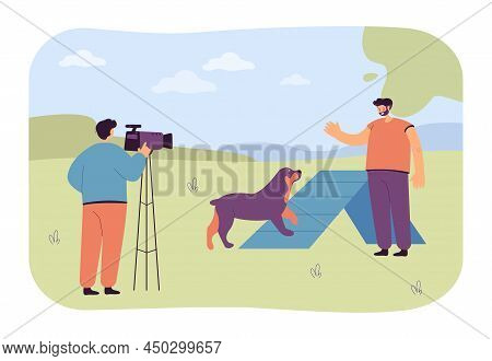 Operator Recording Dog Owner Training Pet. Man And Domestic Animal Practicing For Competition Flat V