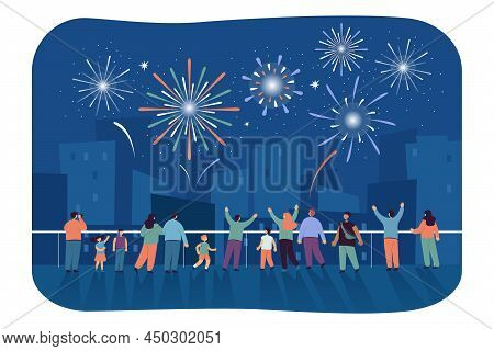 Cityscape With Crowd Of Happy People Looking At Fireworks In Sky. Cartoon Adults And Kids At Celebra