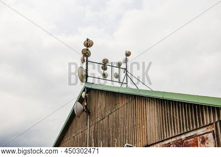 Side View Of Multiple Communicaiton Antenna On Rooftop Pillar Mast- Fixed, Mobile, Radionavigation-s
