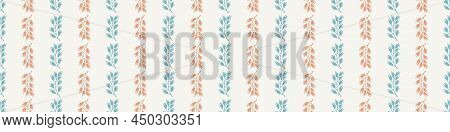 Gender Neutral Sprigged Foliage Seamless Vector Border. Simple Whimsical Botanical 2 Tone Pattern. K