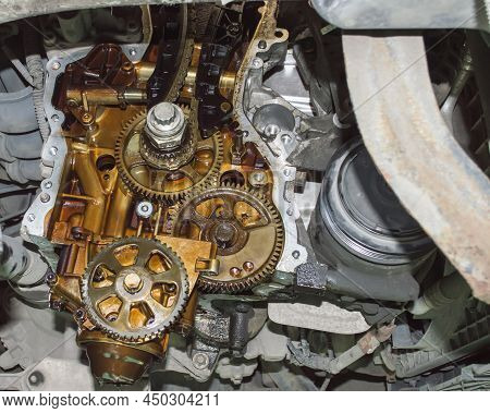 Bottom View Of The Timing Sprockets Of An Automobile Internal Combustion Engine