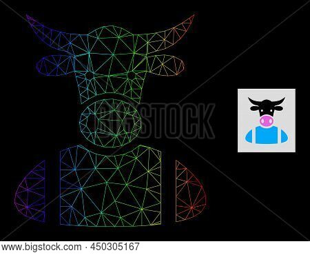 Rainbow Gradiented Network Cow Boy Icon. Geometric Frame 2d Network Is Based On Cow Boy Icon, Genera