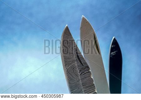 Hand-forged Knife Made Of Several Layers Of Steel With An Exclusive Pattern Photographed In The Stud