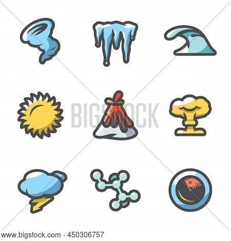 Vector Set Of Cataclysm Icons. Tornado, Frost, Tsunami, Drought, Eruption, War, Weather, Virus, Eart