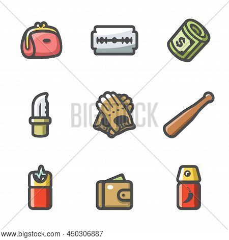 Vector Set Of Street Crime Icons. Theft, Tool, Money, Threat, Extortion, Weapon, Attack, Pickpocket,