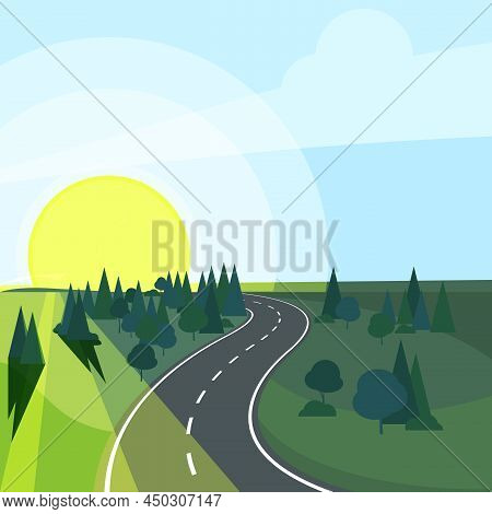 Countryside Landscape With Road Going To Rising Sun